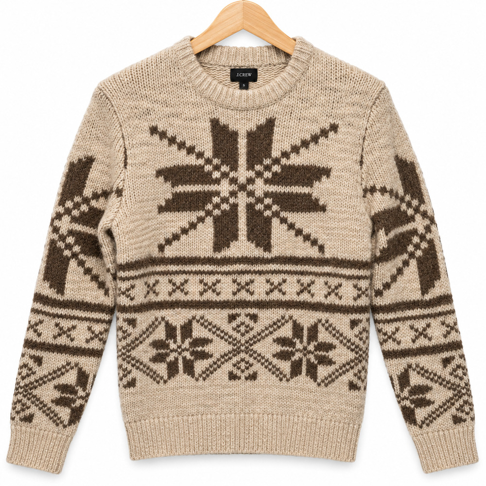 J.Crew Sweater Mens S Brown Fair Isle Merino Wool Alpaca Chunky Knit Nordic